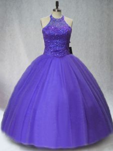 Hot Selling Purple Halter Top Neckline Beading Quinceanera Gowns Sleeveless Lace Up