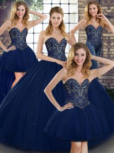 Romantic Navy Blue Ball Gowns Sweetheart Sleeveless Tulle Floor Length Lace Up Beading Sweet 16 Dress