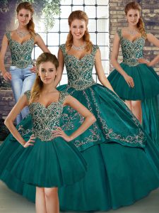 Teal Ball Gowns Straps Sleeveless Tulle Floor Length Lace Up Beading and Embroidery Quinceanera Gowns