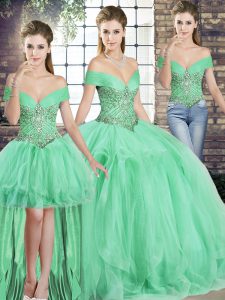 Superior Apple Green Three Pieces Off The Shoulder Sleeveless Tulle Floor Length Lace Up Beading and Ruffles Sweet 16 Dresses