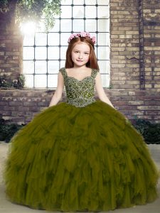 Olive Green Sleeveless Tulle Lace Up Little Girls Pageant Gowns for Party and Military Ball and Wedding Party