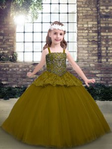 Wonderful Olive Green Lace Up Pageant Dress for Girls Beading Sleeveless Floor Length