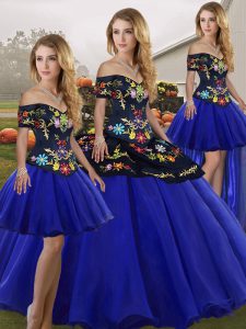 Royal Blue Tulle Lace Up Quince Ball Gowns Sleeveless Floor Length Embroidery