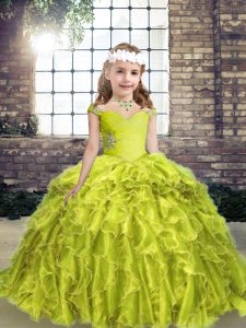 Latest Yellow Green Ball Gowns Straps Sleeveless Organza Floor Length Lace Up Beading and Ruffles Girls Pageant Dresses