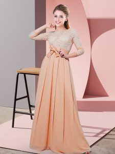 Peach Empire Lace and Belt Quinceanera Court Dresses Side Zipper Chiffon 3 4 Length Sleeve Floor Length