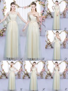 Champagne Empire Lace and Bowknot Quinceanera Dama Dress Lace Up Tulle Sleeveless Floor Length