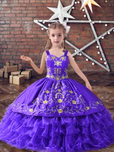 Lavender Little Girls Pageant Dress Wedding Party with Embroidery and Ruffled Layers Straps Sleeveless Lace Up