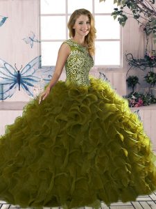 Excellent Beading and Ruffles Quinceanera Gown Olive Green Lace Up Sleeveless Floor Length