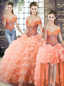 Peach Three Pieces Organza Off The Shoulder Sleeveless Beading and Ruffled Layers Lace Up Quinceanera Dresses Brush Train