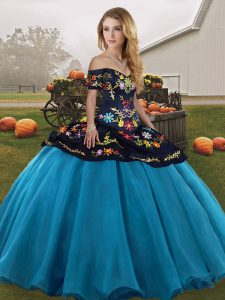 Popular Floor Length Lace Up 15 Quinceanera Dress Blue And Black for Military Ball and Sweet 16 and Quinceanera with Embroidery