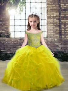 Attractive Beading and Ruffles Little Girl Pageant Dress Olive Green Lace Up Sleeveless Floor Length