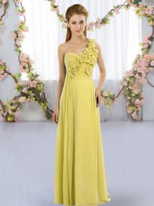 Amazing Yellow Green Chiffon Lace Up One Shoulder Sleeveless Floor Length Quinceanera Court of Honor Dress Hand Made Flower