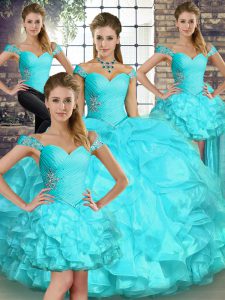 Stunning Aqua Blue Ball Gowns Beading and Ruffles Quinceanera Dresses Lace Up Organza Sleeveless Floor Length