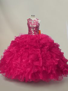 Floor Length Hot Pink 15th Birthday Dress Organza Sleeveless Ruffles and Sequins