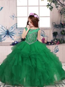 Green Scoop Neckline Beading and Ruffles Little Girls Pageant Dress Wholesale Sleeveless Zipper
