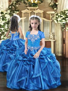 Baby Blue Straps Lace Up Beading and Ruffles Little Girls Pageant Gowns Sleeveless