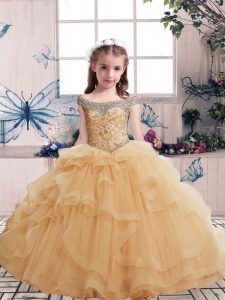 Low Price Sleeveless Tulle Floor Length Lace Up Kids Pageant Dress in Champagne with Beading and Ruffles