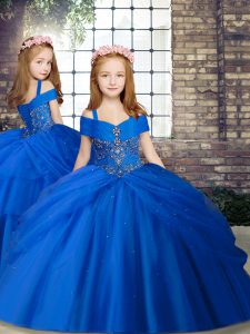 Luxurious Ball Gowns Little Girls Pageant Dress Wholesale Royal Blue Straps Chiffon Sleeveless Floor Length Lace Up