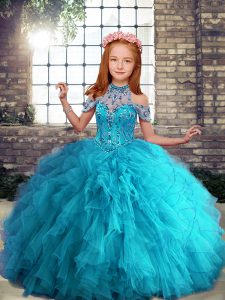 High Quality Halter Top Sleeveless Lace Up Pageant Dress for Girls Aqua Blue Tulle