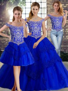 Extravagant Tulle Off The Shoulder Sleeveless Brush Train Lace Up Beading and Lace 15th Birthday Dress in Royal Blue