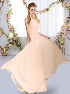Superior Floor Length Peach Dama Dress One Shoulder Sleeveless Lace Up
