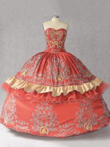 Cheap Rust Red Sweetheart Neckline Embroidery and Bowknot Quinceanera Gowns Sleeveless Lace Up