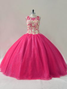 Appliques Ball Gown Prom Dress Hot Pink Lace Up Sleeveless Floor Length