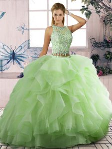 Yellow Green Scoop Neckline Beading and Ruffles Quince Ball Gowns Sleeveless Lace Up