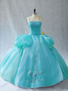 Hot Selling Aqua Blue Ball Gowns Appliques Quinceanera Dresses Lace Up Organza Sleeveless Floor Length
