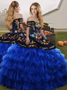 Floor Length Ball Gowns Sleeveless Blue And Black Quinceanera Gown Lace Up