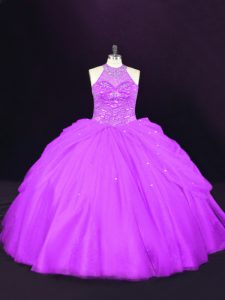 High Quality Purple Ball Gowns Beading Quinceanera Gowns Lace Up Tulle Sleeveless