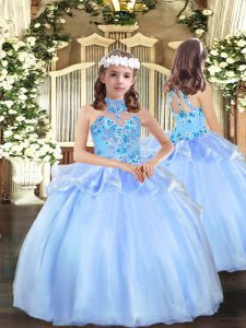 Custom Designed Blue Lace Up Strapless Appliques Pageant Gowns For Girls Organza Sleeveless
