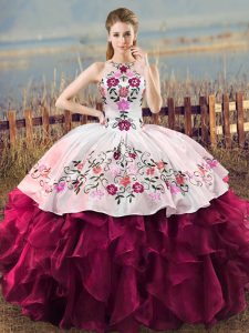 Floor Length Fuchsia Sweet 16 Dress Halter Top Sleeveless Lace Up