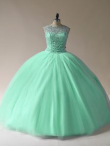 Apple Green Sleeveless Floor Length Beading Lace Up Quince Ball Gowns