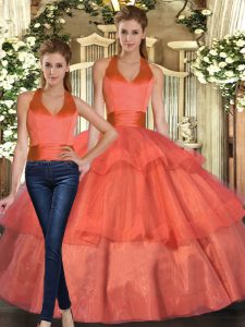 Adorable Orange Ball Gowns Ruffled Layers Quince Ball Gowns Lace Up Organza Sleeveless Floor Length