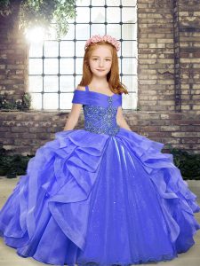 Customized Blue Organza Lace Up Straps Sleeveless Floor Length Little Girl Pageant Dress Beading and Ruffles