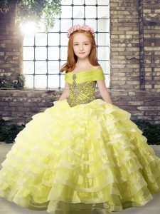 Attractive Yellow Lace Up Straps Beading and Ruffled Layers Pageant Gowns For Girls Organza Sleeveless Brush Train