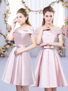 Custom Fit Baby Pink A-line Bowknot Court Dresses for Sweet 16 Lace Up Satin Sleeveless Mini Length