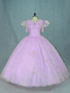 Sweet Lavender Sleeveless Floor Length Beading Zipper Quinceanera Gown