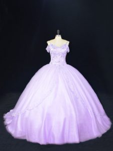 Customized Lavender Off The Shoulder Neckline Beading Sweet 16 Dresses Sleeveless Lace Up