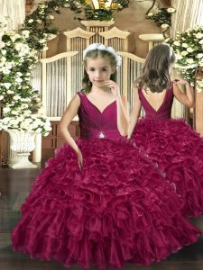 V-neck Sleeveless Organza Little Girl Pageant Dress Beading and Ruffles Backless