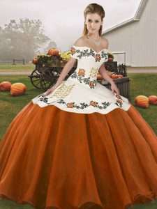 High Class Floor Length Lace Up Quinceanera Gown Rust Red for Military Ball and Sweet 16 and Quinceanera with Embroidery
