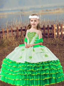 Floor Length Green Winning Pageant Gowns Organza Sleeveless Beading and Embroidery and Ruffled Layers