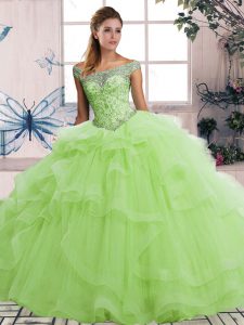 Pretty Yellow Green Off The Shoulder Lace Up Beading and Ruffles Quinceanera Dresses Sleeveless
