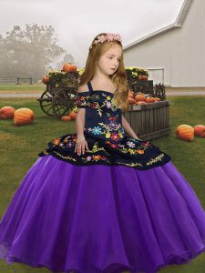 Floor Length Zipper Girls Pageant Dresses Eggplant Purple for Party and Wedding Party with Embroidery