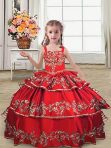 High Quality Sleeveless Lace Up Floor Length Embroidery and Ruffled Layers Little Girls Pageant Gowns