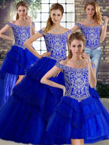 Sleeveless Tulle Brush Train Lace Up Sweet 16 Dress in Royal Blue with Beading and Lace