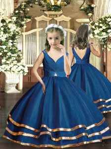 Navy Blue Little Girls Pageant Dress Party and Sweet 16 and Wedding Party with Beading V-neck Sleeveless Backless