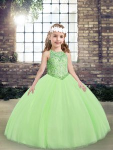 Sweet Floor Length Lace Up Pageant Dress Yellow Green for Party and Military Ball and Wedding Party with Beading