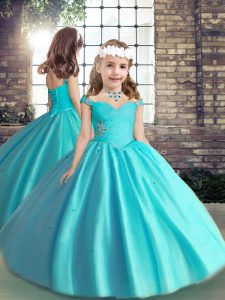 High Quality Baby Blue Straps Lace Up Beading and Ruching Little Girls Pageant Dress Wholesale Sleeveless